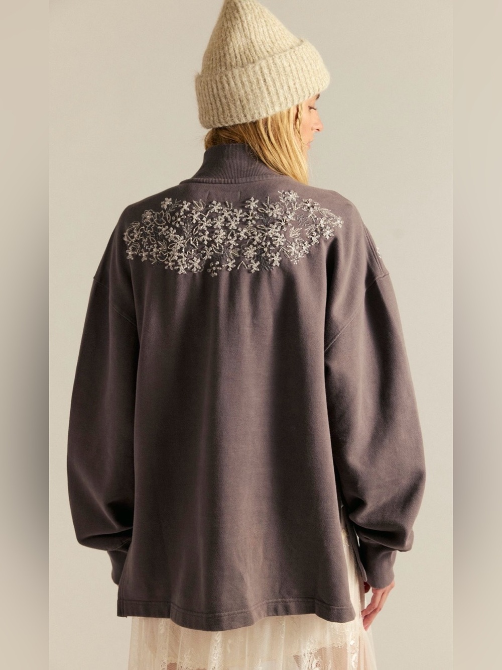 NEW Free People XS Girls Night Out Sweatshirt Embroidered Charm NWOT 1/4 Zip - Picture 2 of 6